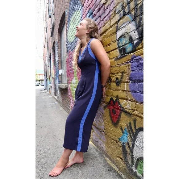 Anthropologie Elevenses Jumpsuit 10 Beca Blue Colorblock Wide Leg Copped Cut Out - Picture 13 of 15